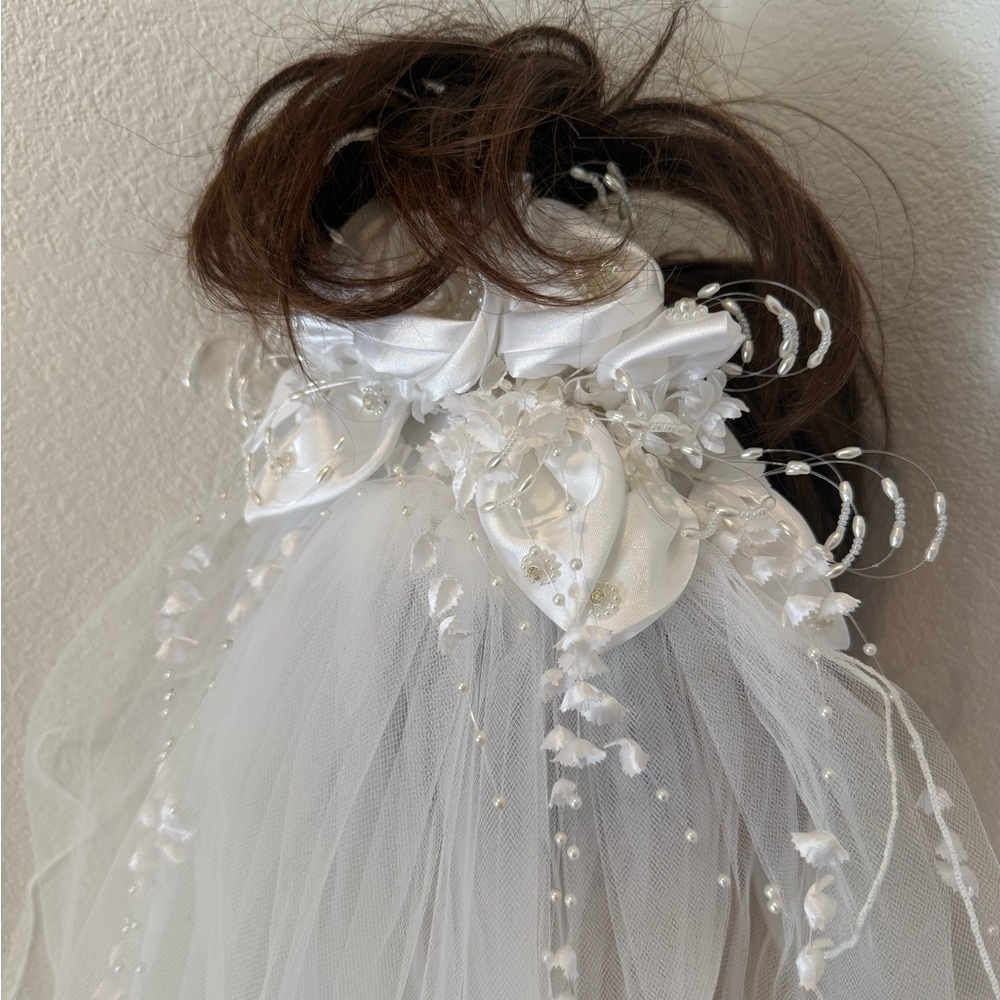 White Bridal Hairpiece with Floral Satin Accents